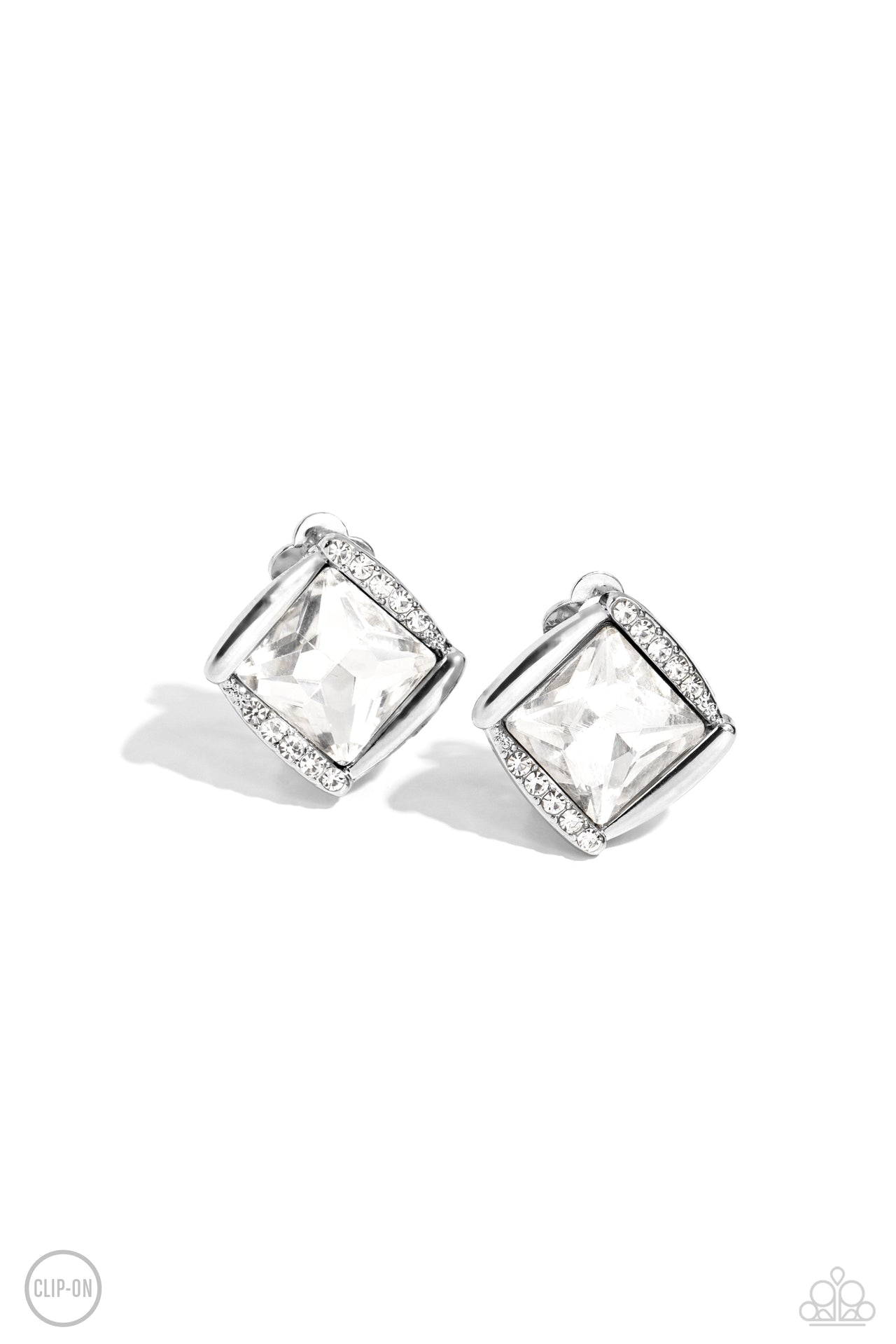 Sparkle Squared - White Clip-On Earrings