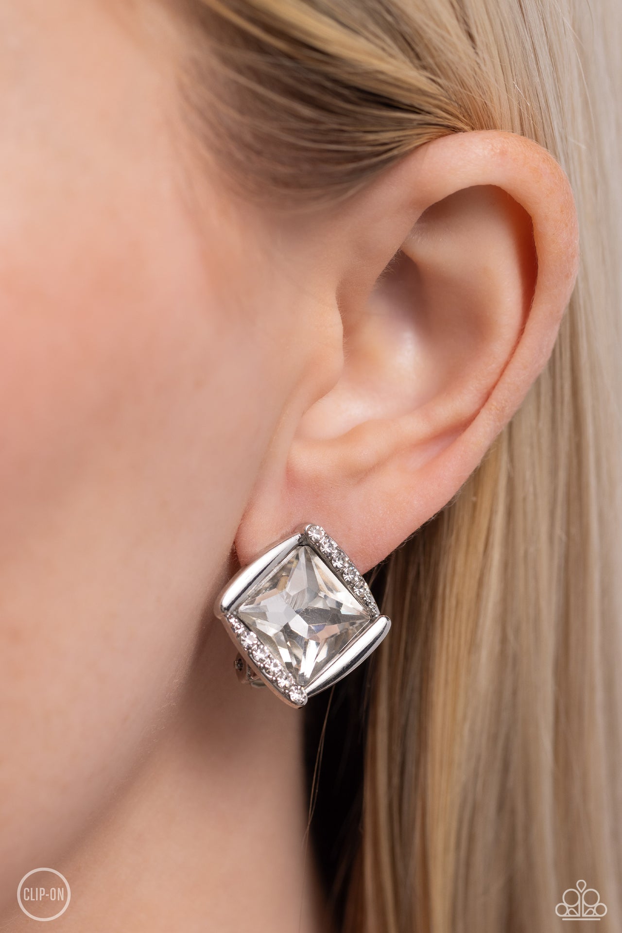 Sparkle Squared - White Clip-On Earrings